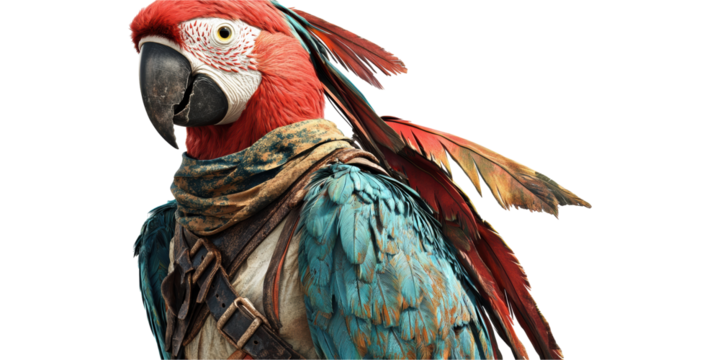 Colorful Parrot In Adventurous Attire. Exotic Bird With Pirate-Themed Costume Isolated On Transparent Background