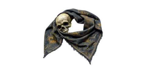Skull Wrapped In Ornate Scarf. Symbolism Of Mortality And Fashion Fusion Isolated On Transparent Background