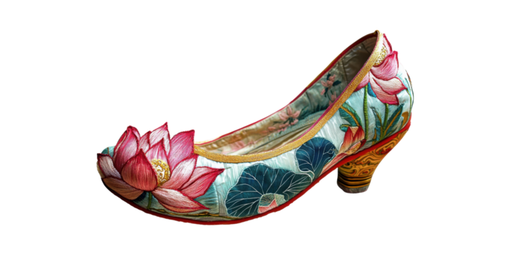Embroidered Floral High Heel Shoe. Traditional Craftsmanship And Artistic Design Isolated On Transparent Background