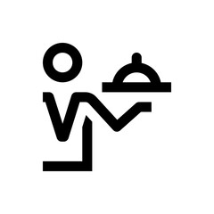 Illustration of a waiter holding a covered dish with a circular head in a minimalist black design style