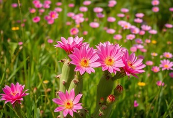 Obraz premium Vibrant cactus blossoms in a field of green, pink wildflowers bloom in the background, bright, background
