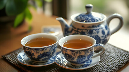 Fototapeta premium Two teacups and a teapot sit on a table near a window.