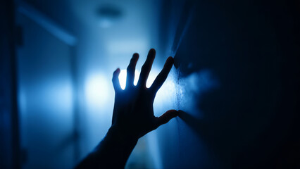 Human hand clenches into fist and strikes wall in dim corridor, visually expressing deep frustration and inner turmoil. Dark setting amplifies emotional intensity of isolation, anger and helplessness