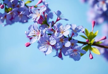 Vibrant blue spring blossoms on a soft blue background,  subtle,  minimal