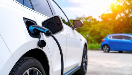 A white electric car is charging outdoors in a sunny parking lot with greenery and another car in the background