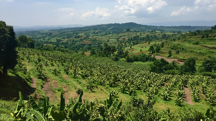 Lush green landscape featuring rows of trees and rolling hills under a cloudy sky.
