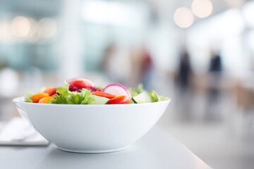 bright bowl of colorful salad sits on pristine white tabletop as blurred figures pass by in background