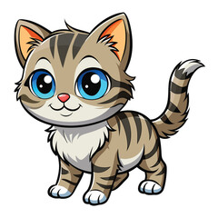 A small, fluffy tabby kitten with bright blue eyes is playfully batting with its paw on a white surface  on white background