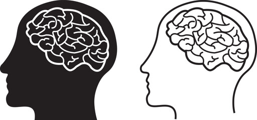 Brain and Human Head Icon Vector,Black and Outline Style