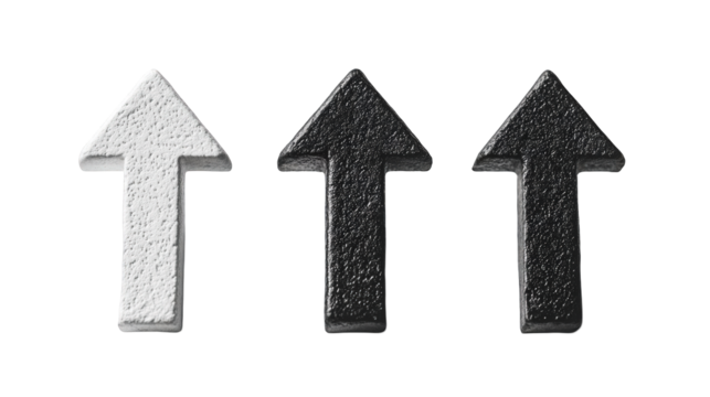 Three textured arrow symbols in black and white, representing direction and decision-making