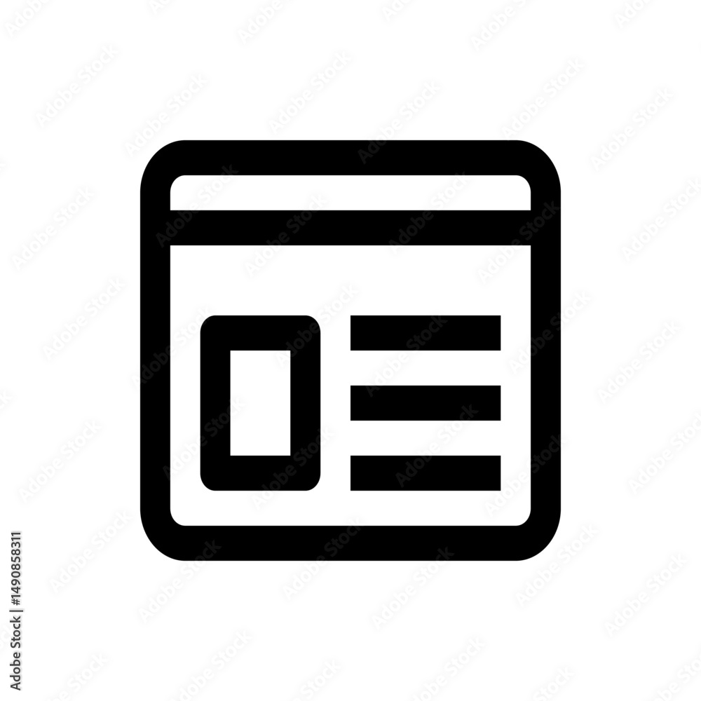 Poster black outline of a website layout with a square image placeholder and three horizontal lines of text