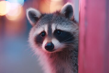 curious raccoon peeks from alley corner with vibrant neon color background