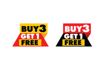Buy 3 Get 1 Free promotional badge set – colorful vector speech bubble labels for retail offers, marketing sales, and discount campaigns.