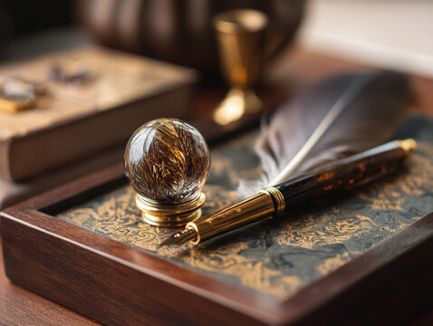 Classic Vintage Writing Desk with Feather Pen and Ink - Elegant Retro Office Stationery Decor