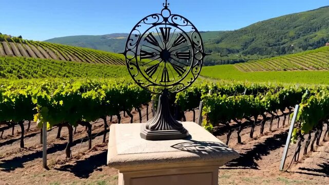 Sundial with Roman numerals standing at a vineyard with rows of vines and green hills in background under a clear sunny sky