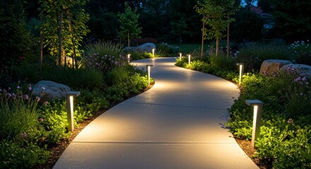 Obraz premium Illuminated Garden Path at Night - Serene night scene, garden pathway, soft lighting, peaceful ambiance, modern design. Symbolism: Tranquility, guidance, beauty, illumination, modernity