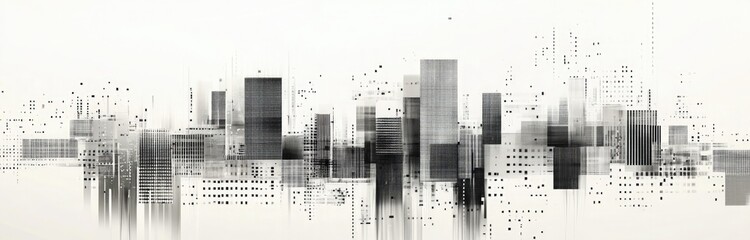 Abstract Monochrome Cityscape, Glitch Art, Geometric Pattern, Modern Art Texture