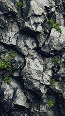 Fototapeta premium Dark, rough rock face; vibrant green moss.