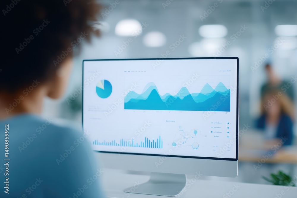 Poster person analyzing graphs on computer screen in modern office setting with blurred colleagues in backg