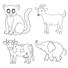 Four Line Art Animals Lemur Goat Cow and Elephant