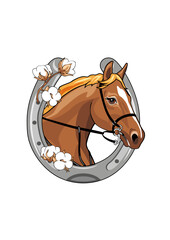 Horse head with a red mane in a frame shaped like a horseshoe with blooming cotton flowers