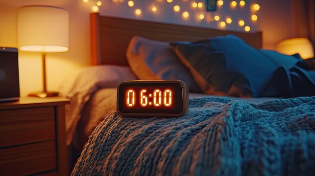 Alarm Clock Displays Six O'Clock atop Knitted Blanket in Warm Lit Bedroom