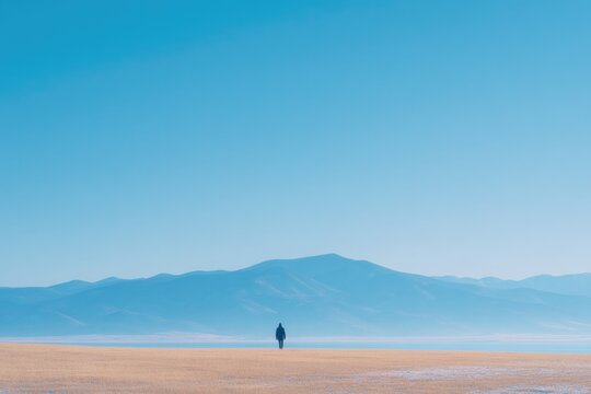 serene wide-open landscape showcases lone figure embarking on peaceful walk framed by vast sky