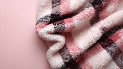 Cozy plaid blanket draped on a pastel pink background