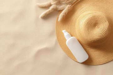 sunhat and sunscreen bottle placed on minimalist sand surface with abundant copy space for text placement