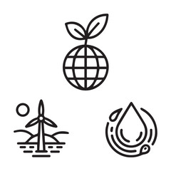 Eco energy symbols with wind turbine, leaf, globe and water drop for green energy and sustainability