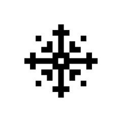 Black pixelated snowflake with symmetrical design and a small white square at the center on a white background