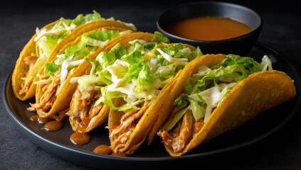 Four tacos with shredded lettuce and sauce on a black plate.