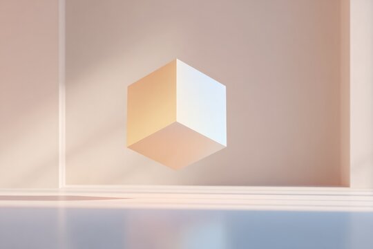 surreal 3d illustration of abstract geometric object hovering in well-lit studio with ample copy space