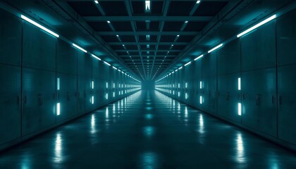 Vast, empty gray corridor with glowing lights, spacious feel, line, geometric