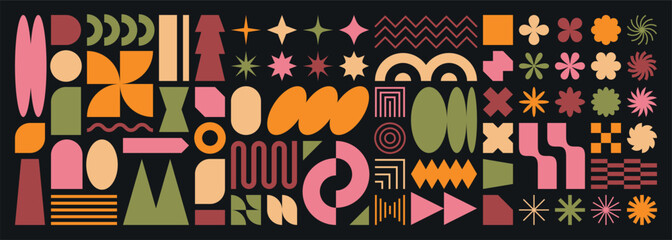 Abstract shape element icon set. Brutalist geometric grid forms for background design. Vector retro simple logo figure, star, flower, circle, arch, oval. Graphic y2k pattern sticker collection