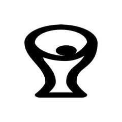 Stylized black and white illustration of a figure holding a circular object above their head in a trophy shape
