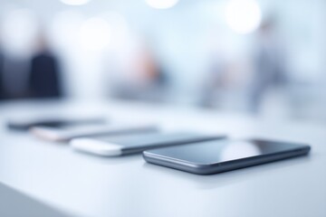 array of connected and powered-on modern electronic devices on sleek surface occupies foreground
