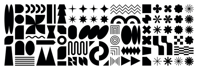 Abstract shape element set. Modern pattern sticker icon collection. Vector y2k geometry grid forms for background design. Brutalism retro simple logo figure, star, flower, circle in black and white