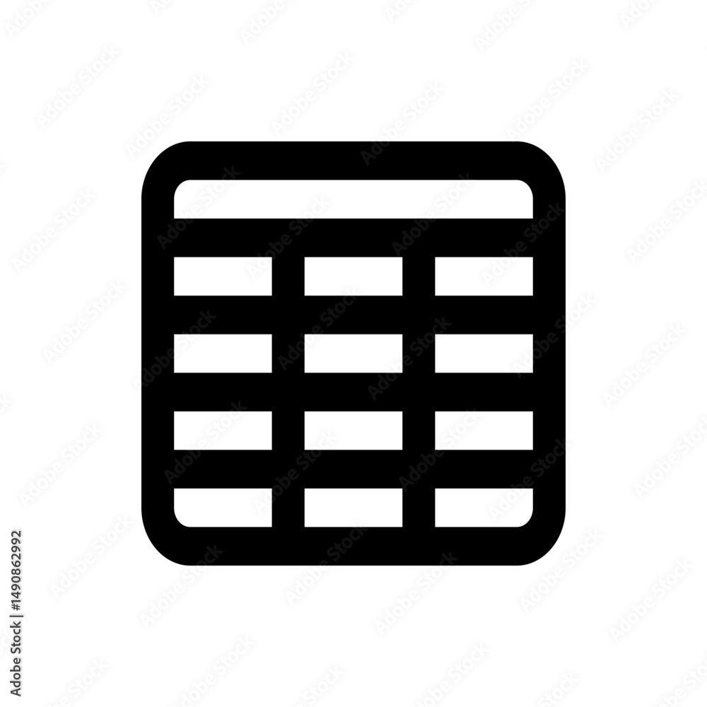 Poster illustration of a spreadsheet icon with rounded corners and multiple rows and columns in black and w