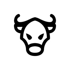 Illustration of a stylized bull head with curved horns and a prominent snout in black outline design style