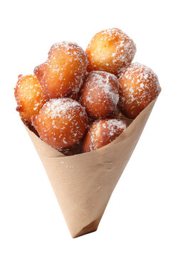Croatian fritule sweet fritters served in a paper cone with powdered sugar on a white background
