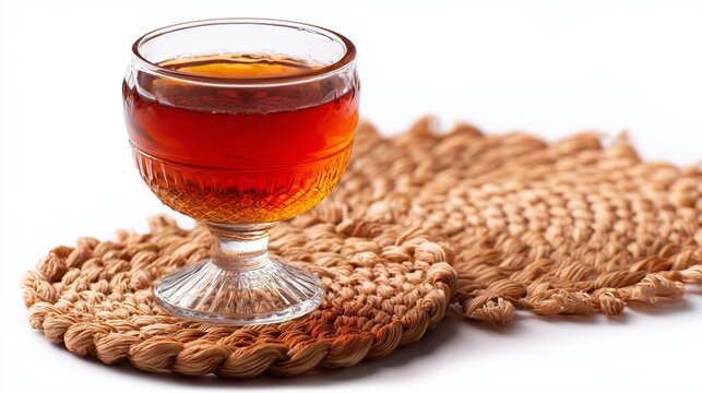 Ethiopian tej honey-wine glass with woven coaster in cinematic depth of field