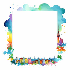 Obraz premium watercolor picture frame pattern with cityscape and bubbles for insertion