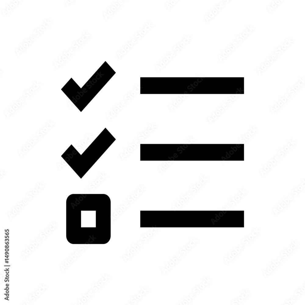 Poster illustration of a checklist with two checkmarks and a square next to three horizontal lines in black