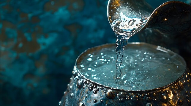 Water Pouring from Silver Jug into Bowl with Artistic Background