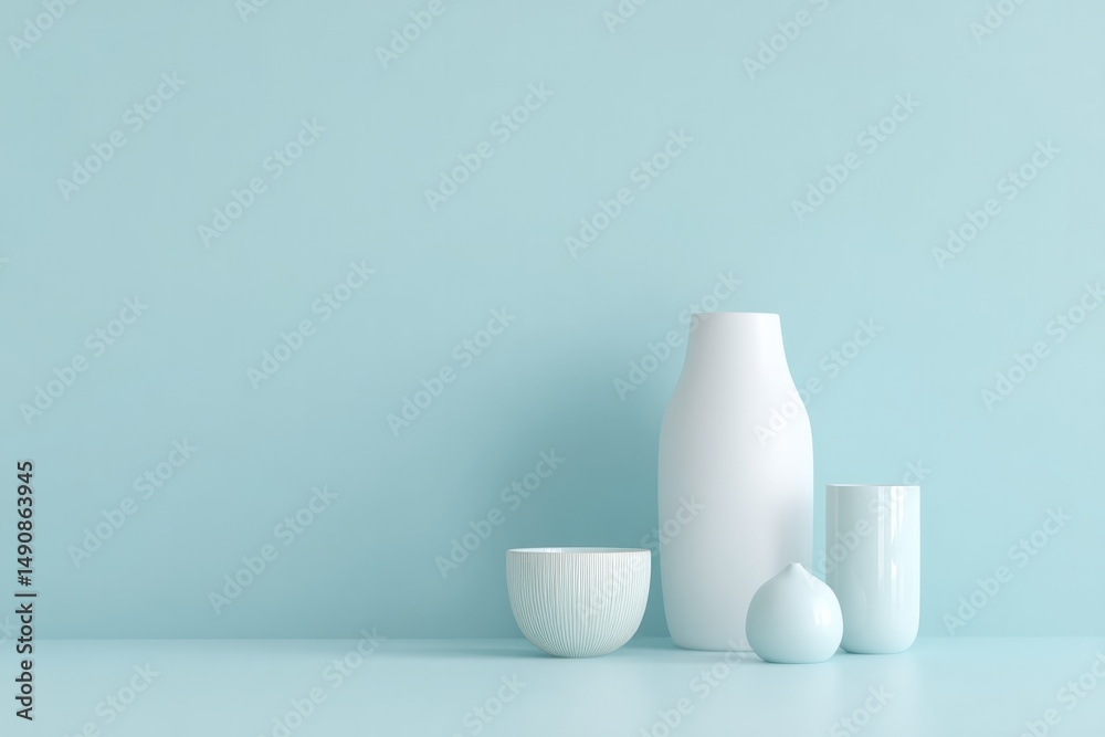 Poster capture minimalistic still life setup featuring various small objects on solid colored background