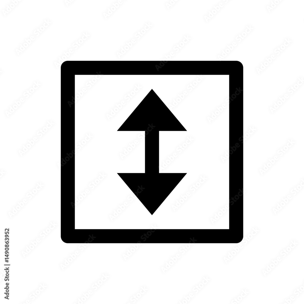 Poster black square containing a black arrow pointing up and a black arrow pointing down connected by a lin