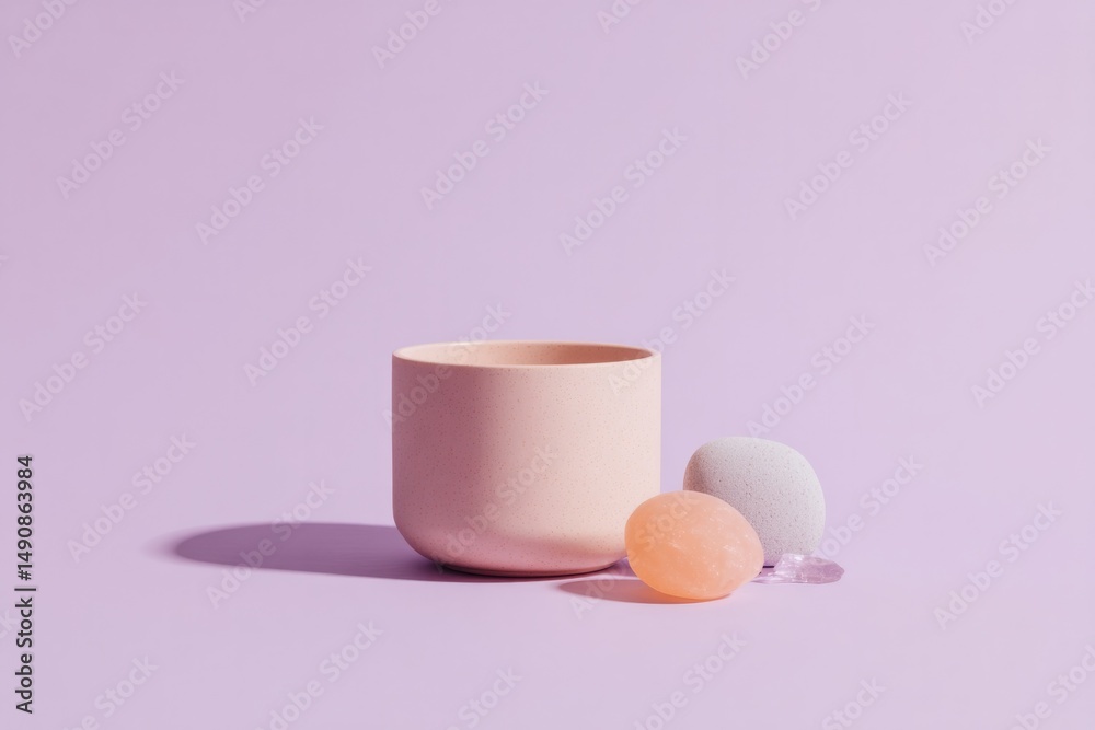 Poster capture minimalistic still life setup featuring various small objects on solid colored background