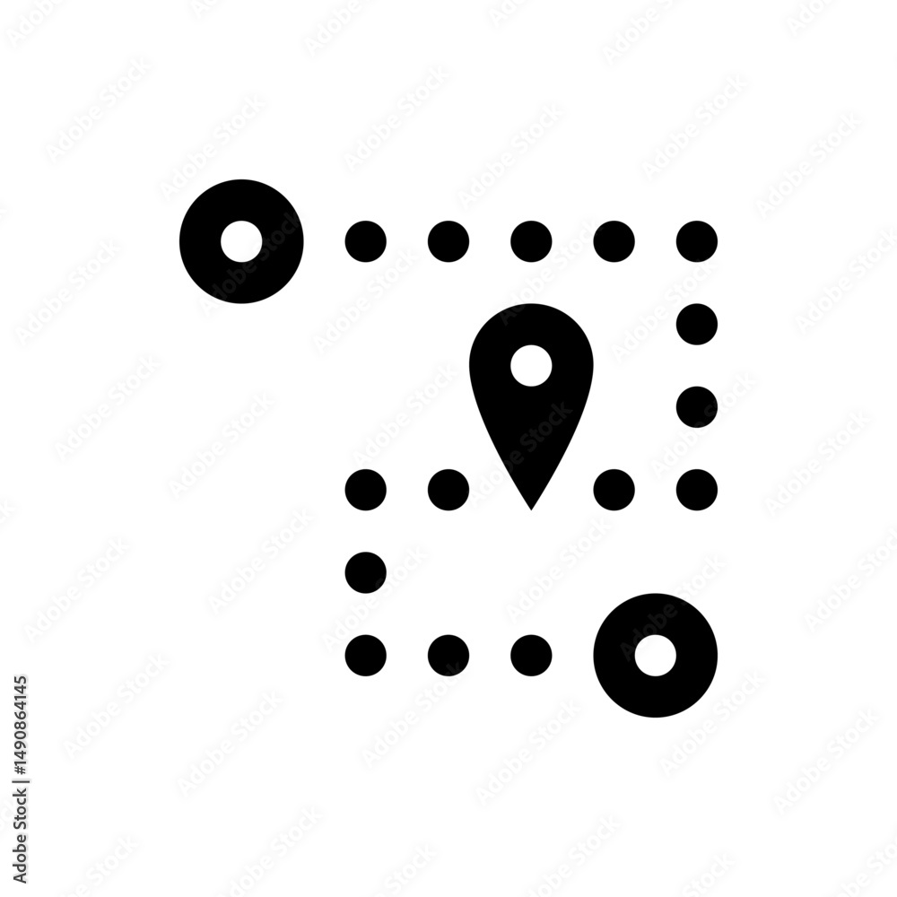 Poster illustration of a map with a location pin surrounded by dots forming a path between two circular poi