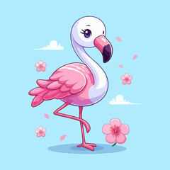 Fototapeta premium Flamingo vector, pink romantic bird couple, tropical cartoon animal flat illustration for seamless nursery wallpaper, kids room summer background, wildlife art print for beach decor and poster